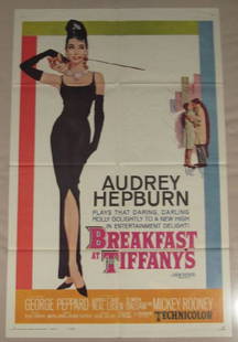 BREAKFAST AT TIFFANY'S - 1961: THE CLASSIC 1961 BLAKE EDWARDS ROMANTIC COMEDY - "NOTE" ALL POSTERS IN THIS AUCTION ARE FROM A GENTLEMAN WHO WORKED AT THE SAUCONIA THEATRE, HELLERTOWN, PA, FROM 1940'S TO EARLY 1970'S. HE THEN