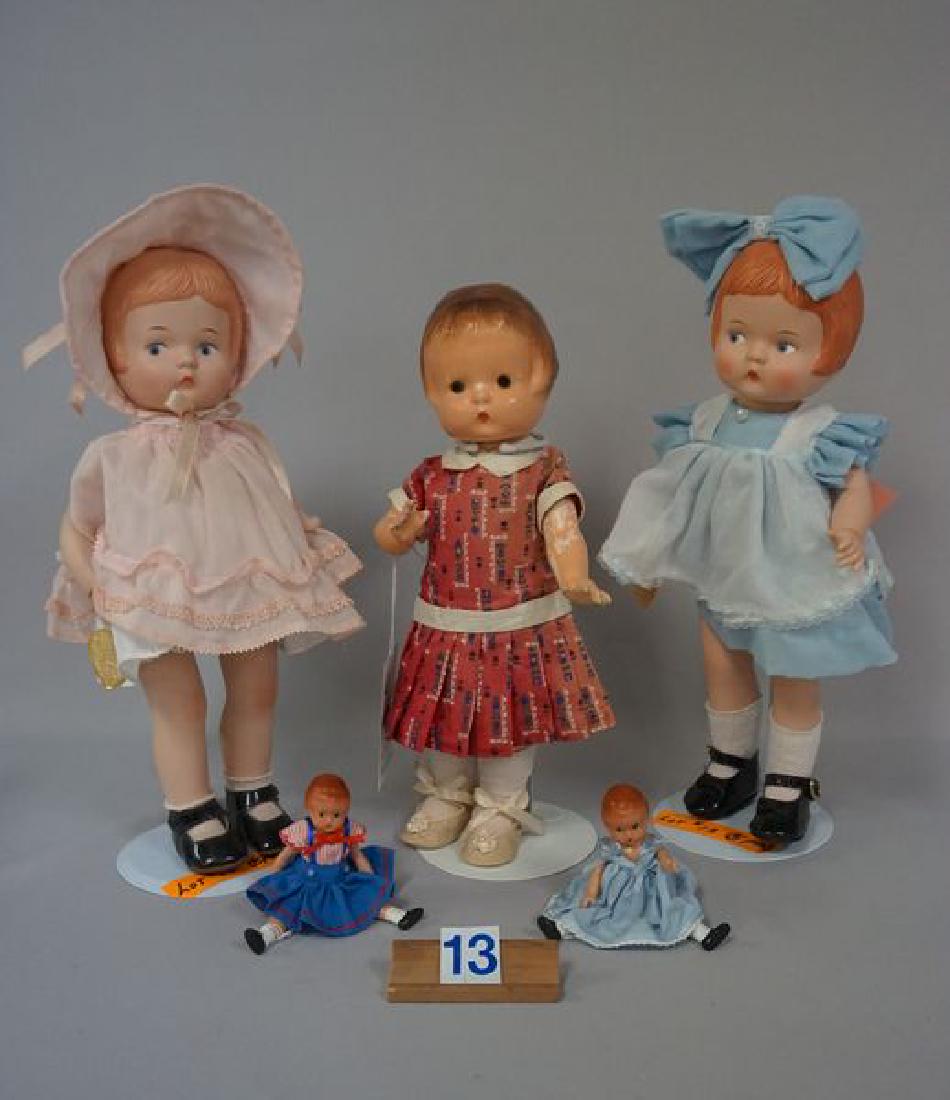EFFANBEE 'PATSY' LOT:: 13 IN. WITH PAINT FLAKING ON LEFT ARM, CRAZING & SLIGHT PAINT LOSS ON FACE & HEAD, SOME TOUCH-UPS ON HEAD - FAIR, (2) 14 IN. ALL PORCELAIN & (2) 5 IN. HARD VINYL - VERY GOOD