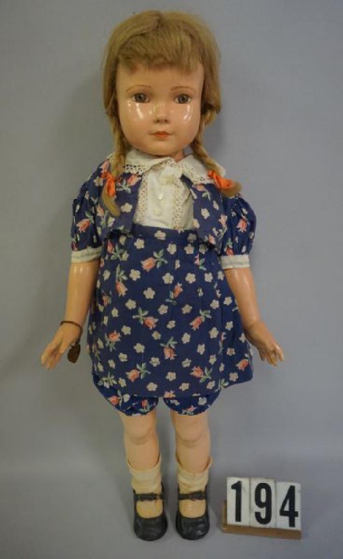 EFFANBEE 19 INCH COMPO AMERICAN CHILD: DESIGNED BY DeWEES COCHRAN WITH HEART F&B WRIST TAG, COMPO IS ALL ORIGINAL WITH LIGHT CRAZING ON LEGS, PAINT FLAKE ON LOWER PORTION OF HEAD UNDER THE LEFT EAR & AT NECK, SEVERAL PAINT FLAKES IN PALM O