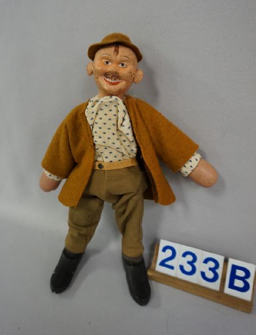 SCHOENHUT 8 INCH ALL WOODEN HOBO: WITH JOINTED ARMS & LEGS, ORIGINAL OUTFIT, ORIGINAL PAINTED FACE & DETAILS INCLUDG. LIGHT BEARD, MUSTACHE, ETC., RIGHT EAR & FEET APPEAR TO BE REPLACEMENTS - OTHERWISE GOOD, THIS GUY SEEMS TO BE ONE O