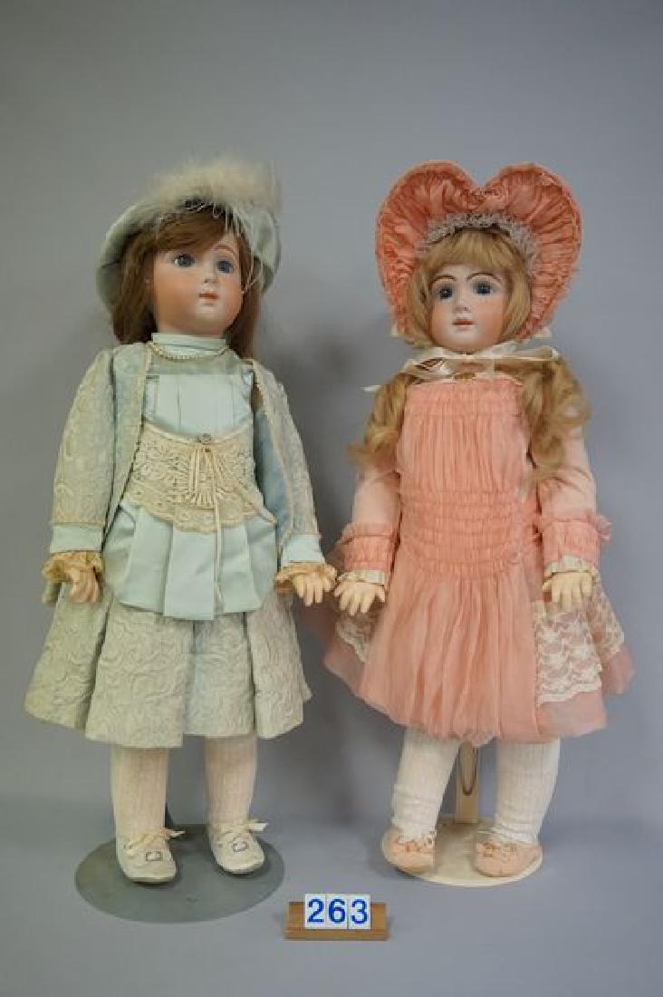 (2 PIECES) VERNON SEELEY A 14T 25 INCH: REPRO & 25 IN. JUMEAU REPRO, ARTIST SIGNED, EACH WITH CLOSED MOUTH, PIERCED EARS, ETC., EACH ARE EXTREMELY DETAILED & WELL MADE INCLUDING THEIR GORGEOUS OUTFITS, ETC.