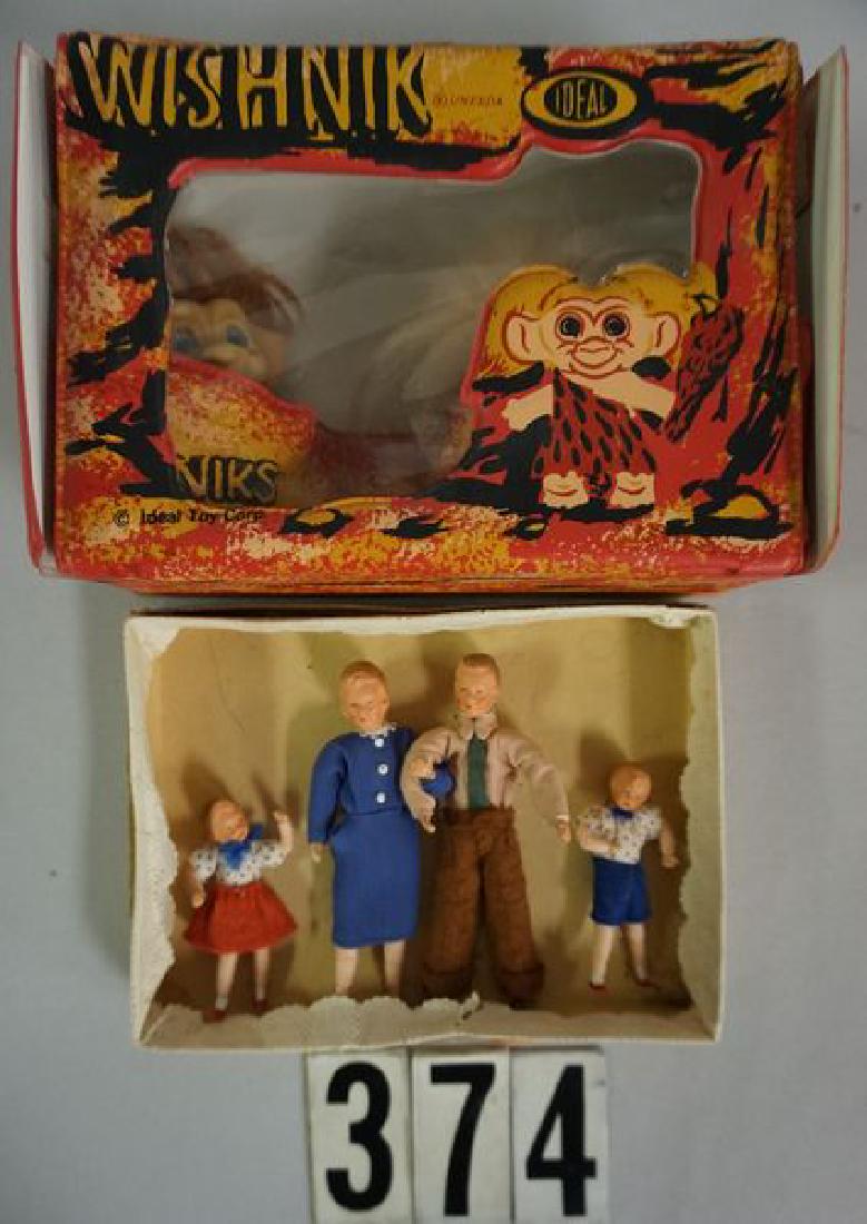 LOT: DOLL HOUSE 'FAMILY OF DOLLS': (MOTHER, FATHER, SON & DAUGHTER), NEVER REMOVED FROM ORIGINAL BOX - EXCELLENT & IDEAL TOY CORP. WISHNIK VINYL CARRY CASE WITH (2) WISHNIK DOLLS - VERY GOOD