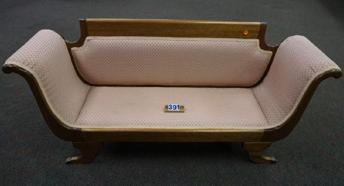 DOLLS UPHOLSTERED DUNCAN PHYFE STYLE: SOFA (NOT ANTIQUE) WITH DECORATIVE METAL CLAW FEET WITH BRASS FINISH, 22 3/4 IN. H, 26 1/2 IN. W, 13 IN. D - VERY GOOD