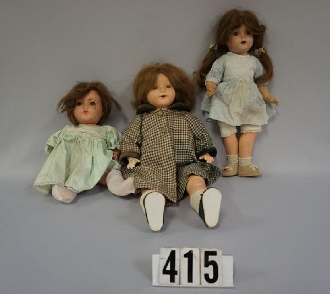 (3 PIECES) EFFANBEE 18 INCH COMPO & CLOTH: ROSEMARY' WITH ORIGINAL WIG, COMPO SPLITS & PAINT LOSS ON HANDS, PAINT LOSS ON RIGHT LEG, COMPO SPLIT BEHIND LEFT EAR, MADAME ALEXANDER 15 IN. COMPO PRINCESS ELIZABETH WITH OVERALL CRAZING, WEAR ON HA