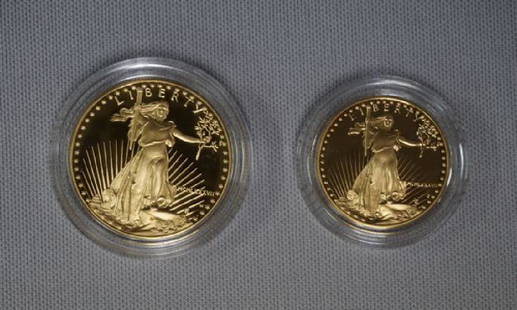 1987 U.S. (2 PIECE) GOLD EAGLE AMERICAN: EAGLES COIN SET, INCLUDES ONE OUNCE $50. & ONE HALF OUNCE $25. GOLD COINS - PROOF