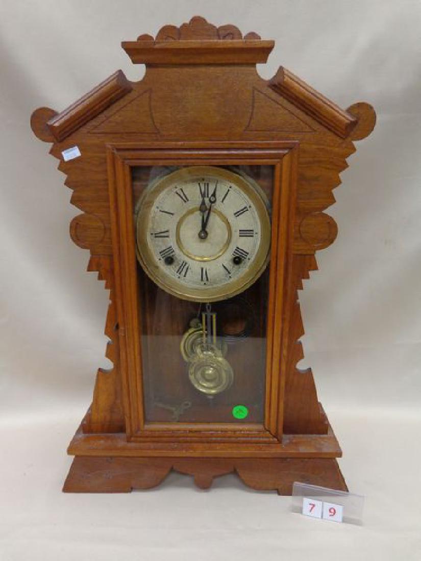 ANTIQUE OAK EASTLAKE DESIGN MANTLE CLOCK, (1 of 3)