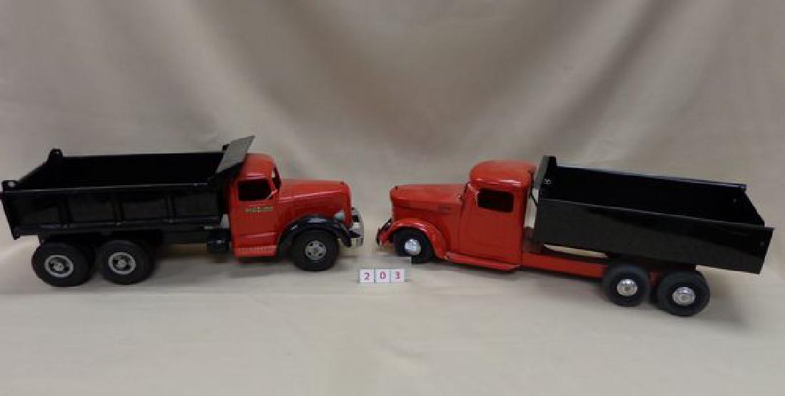 VINTAGE METAL SMITH MILLER "MACK" DUMP: TRUCK, 18 IN. L, 7 IN. H, 7 IN. W, REPAINTED - GOOD, & A CIRCA 1940'S METAL DUMP TRUCK, 20 1/2 IN. L, 6 1/4 IN. H, 6 1/4 IN. W, REPAINTED - GOOD