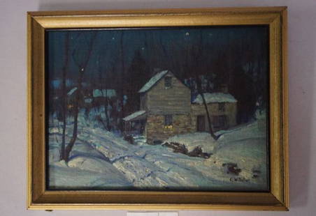 FRAMED OIL PAINTING ON PANEL,: NIGHTTIME SNOW SCENE WITH FARM HOUSE, OUT BUILDING, SNOW COVERED LANE, ETC. (MOONLIGHT SCENE), SIGNED G.W. SOTTER (GEORGE WILLIAM SOTTER) 1879-1953, VERY DESIRABLE & WELL DONE, 6 1/2 IN. H X 8 1/2 IN.