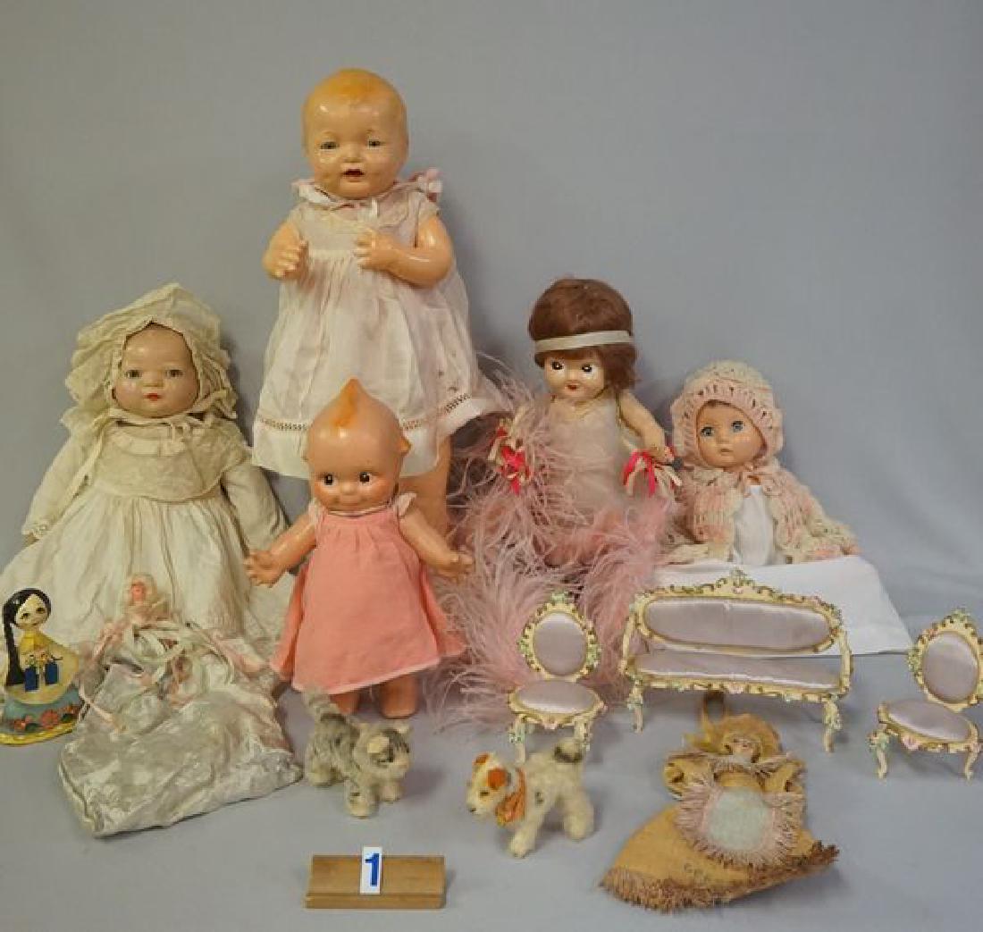 GRAB BOX: LOT INCLUDES 15 INCH VINTAGE COMPO: SHOULDER HEAD BOY WITH BLOND MOLDED HAIR, COMPO LIMBS, CLOTH BODY, EFFANBEE: 21 IN. COMPO BUBBLES IN ORIG. TAGGED DRESS, SOME COMPO FLAKING & 13 IN. CANDY KID WITH OVERALL CRAZING, A. CHARACTER 19 IN.