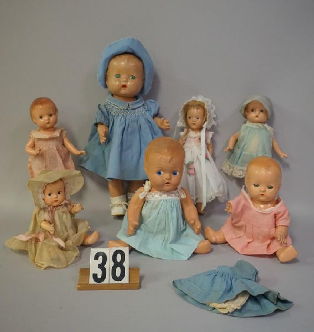 (7 PIECES) COMPO DOLLS (6 1/2 INCH - 12 INCH): EFFANBEE: 8 1/2 IN. BABY PATSYETTE WITH WEAR ON HEAD & FACE, SPLIT ON REAR OF HEAD, SLEEP EYES - GOOD, (2) 9 IN. PATSYETTE, PAINT IS FLAKING ON ONE - FAIR TO GOOD, 9 IN. UNMARKED M. ALEXANDER, COMPO F