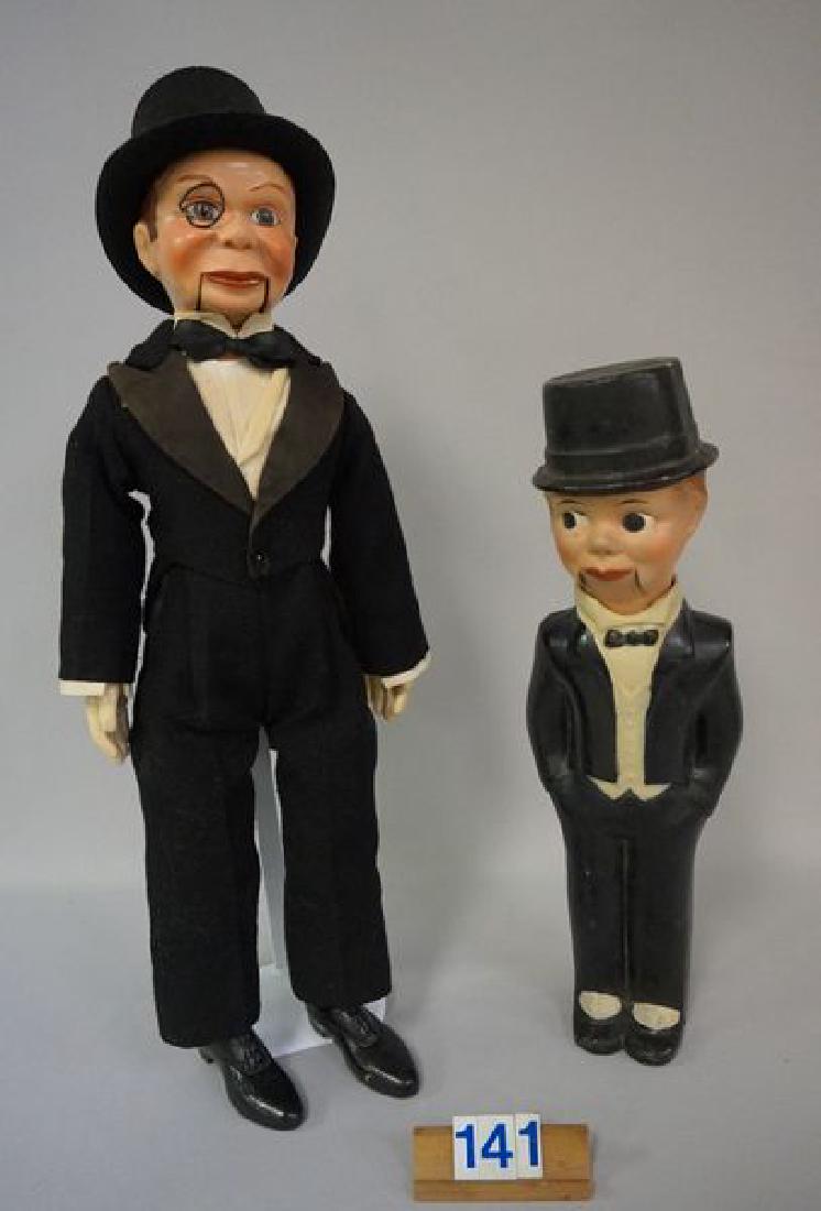 (2 PIECES) CHARLIE McCARTHY:: EFFANBEE 20 IN. VENTRILOQUIST DOLL WITH TOUCH-UPS AROUND MOUTH & RED LINE ABOVE LEFT EYE, ORIGINAL OUTFIT & HAT ARE IN VERY GOOD CONDITION & 15 IN. COMPO FIGURE OF CHARLIE WITH SWIVEL NECK, BY CARNEVA