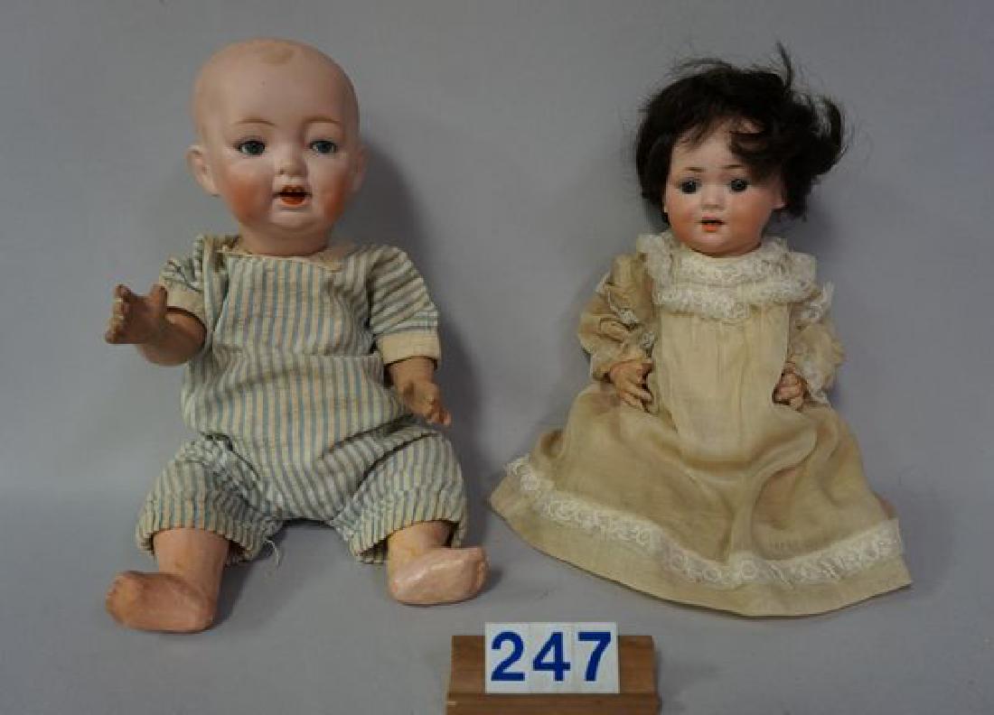 (2 PIECES) GERMAN BISQUE BABY DOLLS:: 14 IN. CHARACTER FACE BABY MARKED 3-5, SOLID DOME HEAD WITH PAINTED HAIR, SLEEP EYES, OPEN MOUTH WITH TWO TEETH, NO DAMAGE OR REPAIRS TO BISQUE, FIVE-PIECE BENT LIMB COMPO BODY WITH SOME CRAZING & WEA