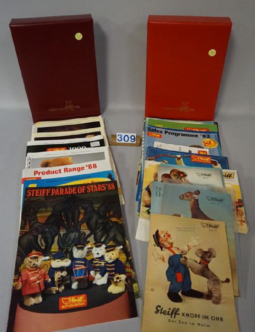 (2) STEIFF CLUB CATALOG HOLDERS: WITH ASSTD. STEIFF CATALOGS & BOOKLETS, SOME FROM THE 1950'S, '60'S, '70'S & '80'S - GREAT, PAPER COLLECTIBLES & GOOD FOR REFERENCE, CHECK! - GOOD TO EXCELLENT