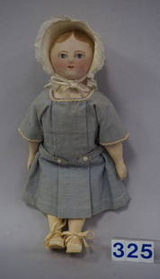 RARE & SENSATIONAL MAGGIE BESSIE: 13 IN. CLOTH DOLL CREATED & MADE BY THE PFHOL SISTERS IN SALEM, NORTH CAROLINA FROM 1897 TO EARLY 1940'S, GORGEOUS OIL PAINTED FACE WITH FINELY DETAILED EYES, EARS, NOSE & MOUTH, PAINTED LIGHT BROWN H