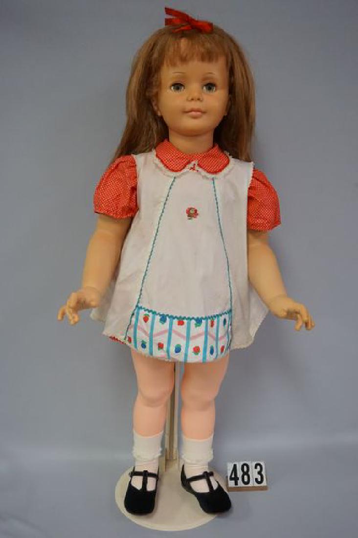 IDEAL 36 INCH PATTI PLAYPAL G-35,: RED DRESS WITH WHITE POLKA DOTS, WHITE PINAFORE WITH PRINTED DECORATION, HAIR TRIMMED IN SOME AREAS, NEEDS TO BE RESTRUNG - FAIR TO GOOD
