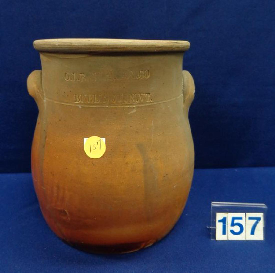 ANTIQUE STONEWARE TWO-HANDLED CROCK W/REDDISH (1 of 5)
