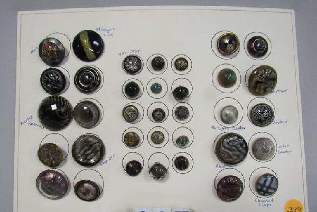 (35) ANTIQUE VICTORIAN BUTTONS: INCLUDG. MOSIAC, FACETED ABSTRACT, EIGHT POINT STAR, TRIANGLE & STAR CENTERS, CONCAVE & CHECKED LINES, 1/2 IN. - 1 1/2 IN. - VG
