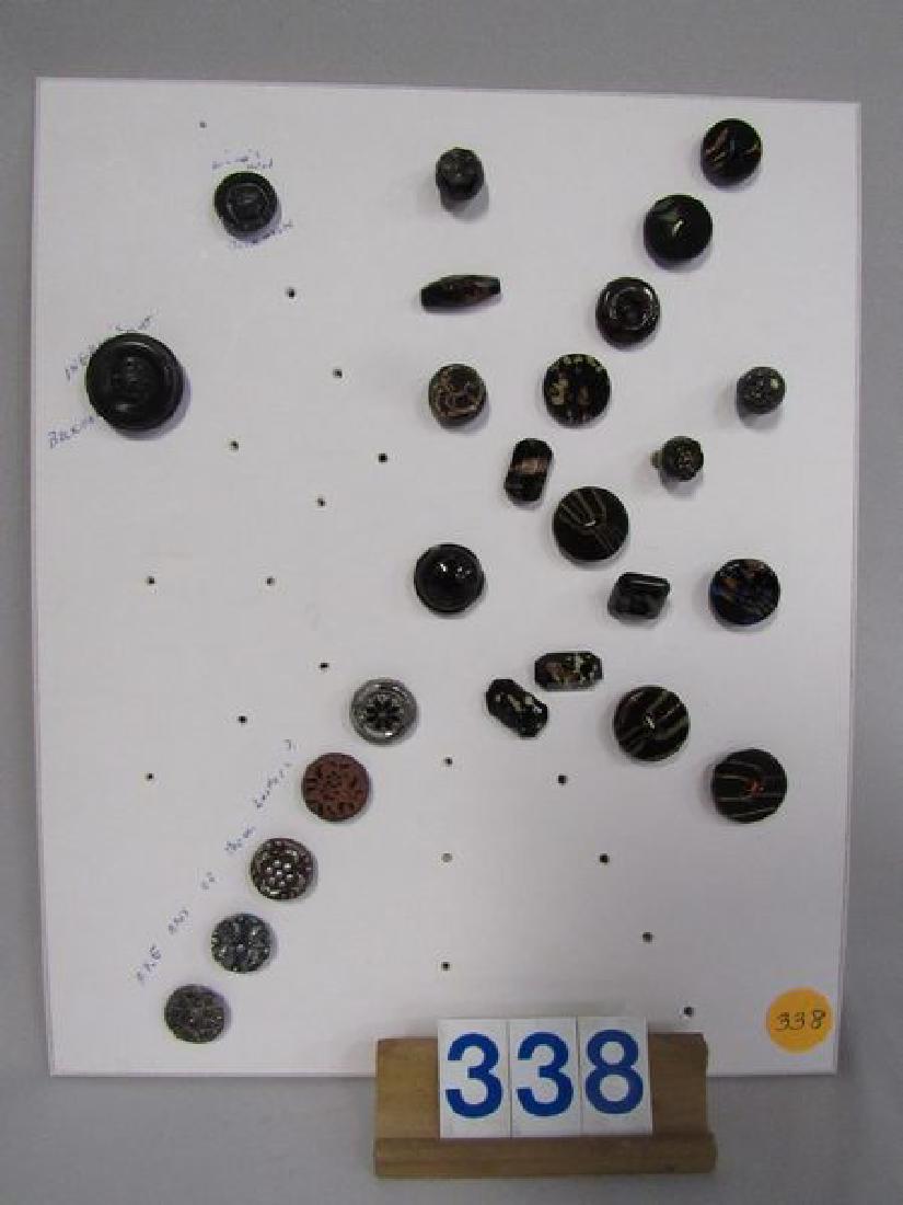 (25) ANTIQUE VINTAGE BUTTONS:: INCLUDG. LIONS HEAD, BACKMARK, LUSTRE?, GOLD GLITTER, ETC., 1/2 IN - 1 IN. - VG