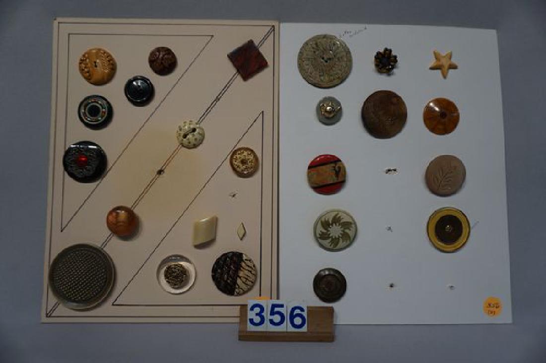 (25) VINTAGE BUTTONS: LOT INCLUDES LATER CELLULOID & OTHERS, MOST MEASURE 1 1/2 IN. - 3 IN. 1 IN. STAR, 1 IN. LEAVES, 3 1/2 IN. ENGLISH HOBNAIL, 1 IN. TEAPOT. - VG