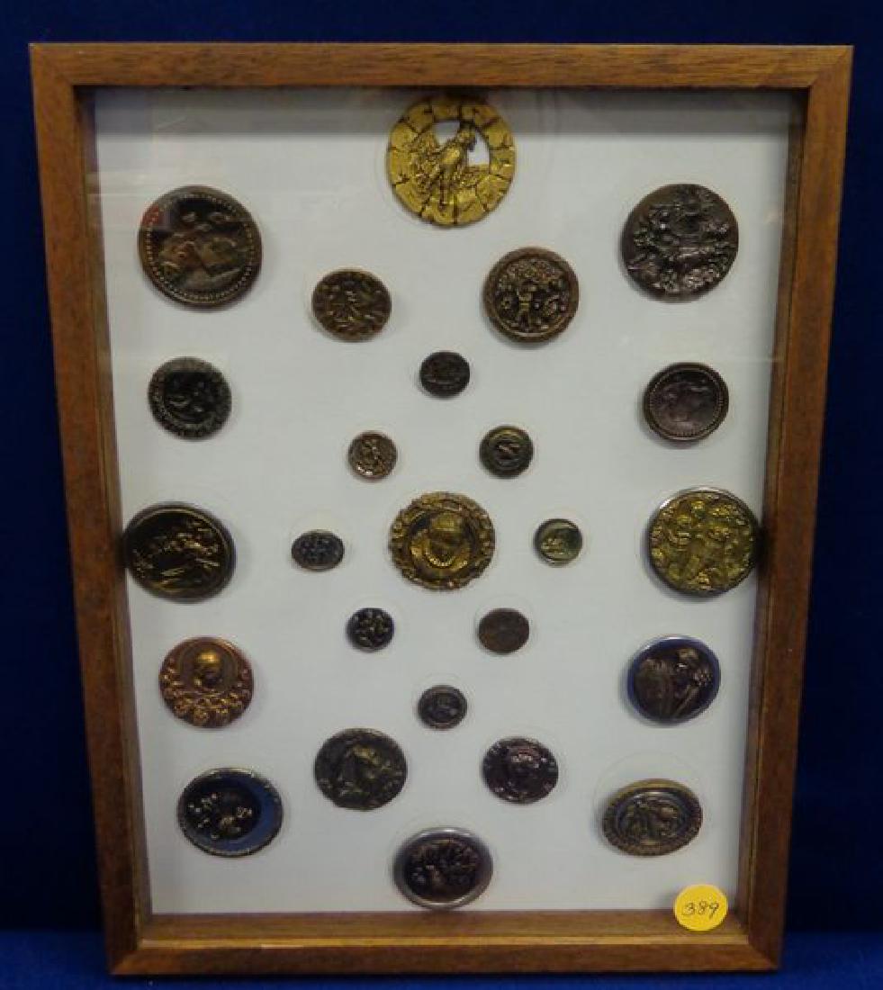(25) ANTIQUE VINTAGE BUTTONS: GREAT SELECTION INCLUDG. PEOPLE, ANIMALS & BUILDINGS. GIRL WITH DOG, CHARIOT & HORSES, DUTCH BOY, ETC. 1/2 IN. - 1 1/2 IN. - VG