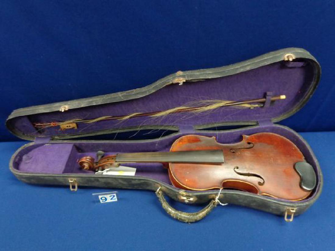 ANTIQUE FRENCH VIOLIN: SIGNED MEDIO-FING: ONE PIECE BACK, WITH BOW & HARDCASE, NO BRIDGE OR STRINGS - AS-IS