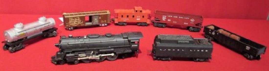 LIONEL FREIGHT SET:: LOT INCLUDES #2055 LOCOMOTIVE, #6026W TENDER PLUS FREIGHTS #6257, 6456, 6462, 6465, LIONEL #1033 & AMERICAN FLYER TRANSFORMERS, TRACK & ORIGINAL SET BOX - GOOD