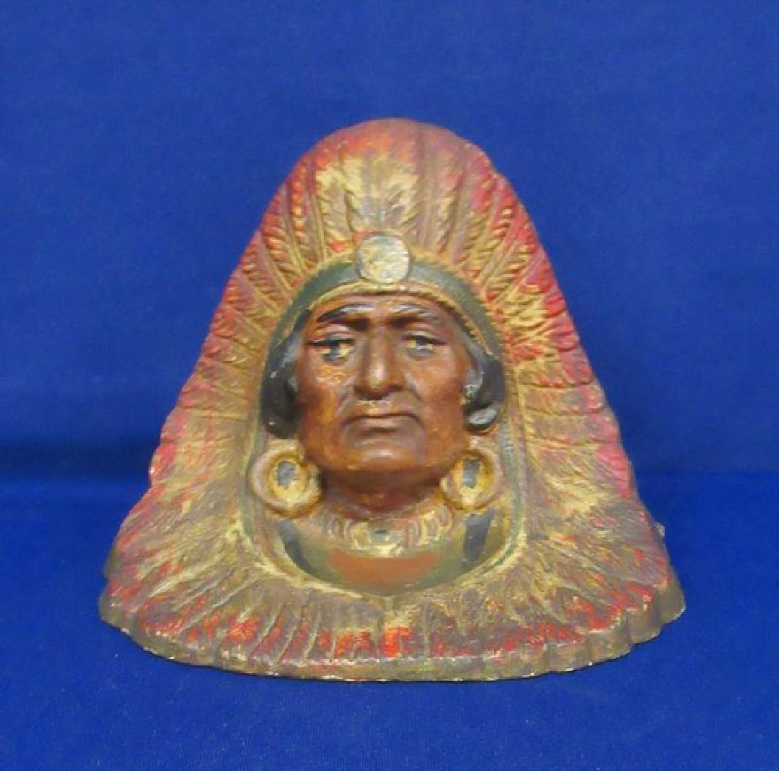 CAST IRON 'MAJOR DOMO' INDIAN DOOR STOP:: 5 IN. NATIVE AMERICAN DOOR STOP ATTRIBUTED TO THE JUDD CO. - ORIGINAL PAINT SHOWS MINOR WEAR