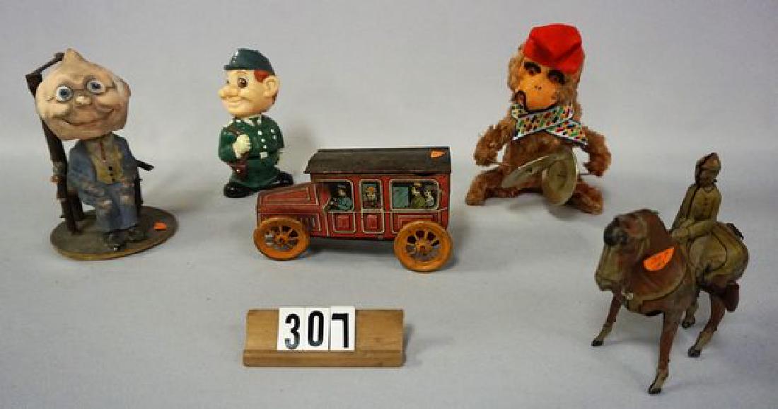 (5 PIECES) GROUP AS FOUND TOYS:: 6 IN. PAPIER MACHE NODDER SITTING IN TWIG CHAIR - FAIR, GERMAN TIN LITHO HORSE WITH JOCKEY, WORKING ORDER, PAINT IS VERY FADED & WORN, ETC. - POOR, TIN LITHO CAR WITH DRIVER & PASSENGER (RUSTY,ETC), 6