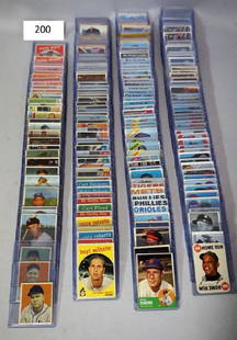 TWO-ROW BOX WITH (400) ASSORTED VINTAGE: BASEBALL CARDS IN PLASTIC TOP LOADS FROM 1949 BOWMAN TO 1978 TOPPS, LOTS OF STARS INCLUDG. ASHBURN, BANKS, MAYS, MATTHEWS, MARTIN, ROBERTS, COLAVITO, SPAHN, KILLEBREW, ROSE & MORE, ROOKIES INCLUDG. YO