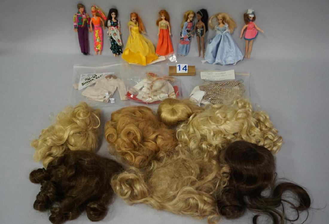 LOT: (3) MATTEL OUTFITS FOR KEN: 1964 DRUM MAJOR, (2): LOT: (3) MATTEL OUTFITS FOR KEN: 1964 DRUM MAJOR, (2) JACKETS, (2) PAIR OF SLACKS, 1961 - '63 SLEEPER SET - GOOD, (7 DIFFERENT) DAWN DOLLS - GOOD / VG & ASSTD. NEWER DOLL WIGS - VG