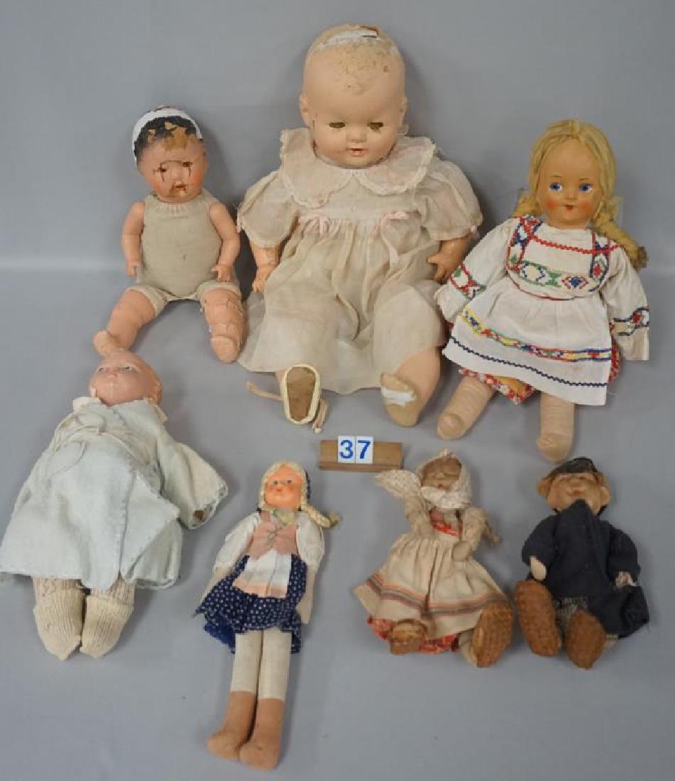 (7 PIECES) EFFANBEE 14 INCH COMPO / CLOTH BABY GRUMPY,: (7 PIECES) EFFANBEE 14 INCH COMPO / CLOTH BABY GRUMPY, COMPO WORN, BODY WITH PATCHES - AS FOUND, 12 IN. & 17 IN. POLISH MASK FACE DOLLS, PAIR OF 9 IN. CLOTH RUSSIAN DOLLS, 15 & 22 IN. COMPO HEAD BABY