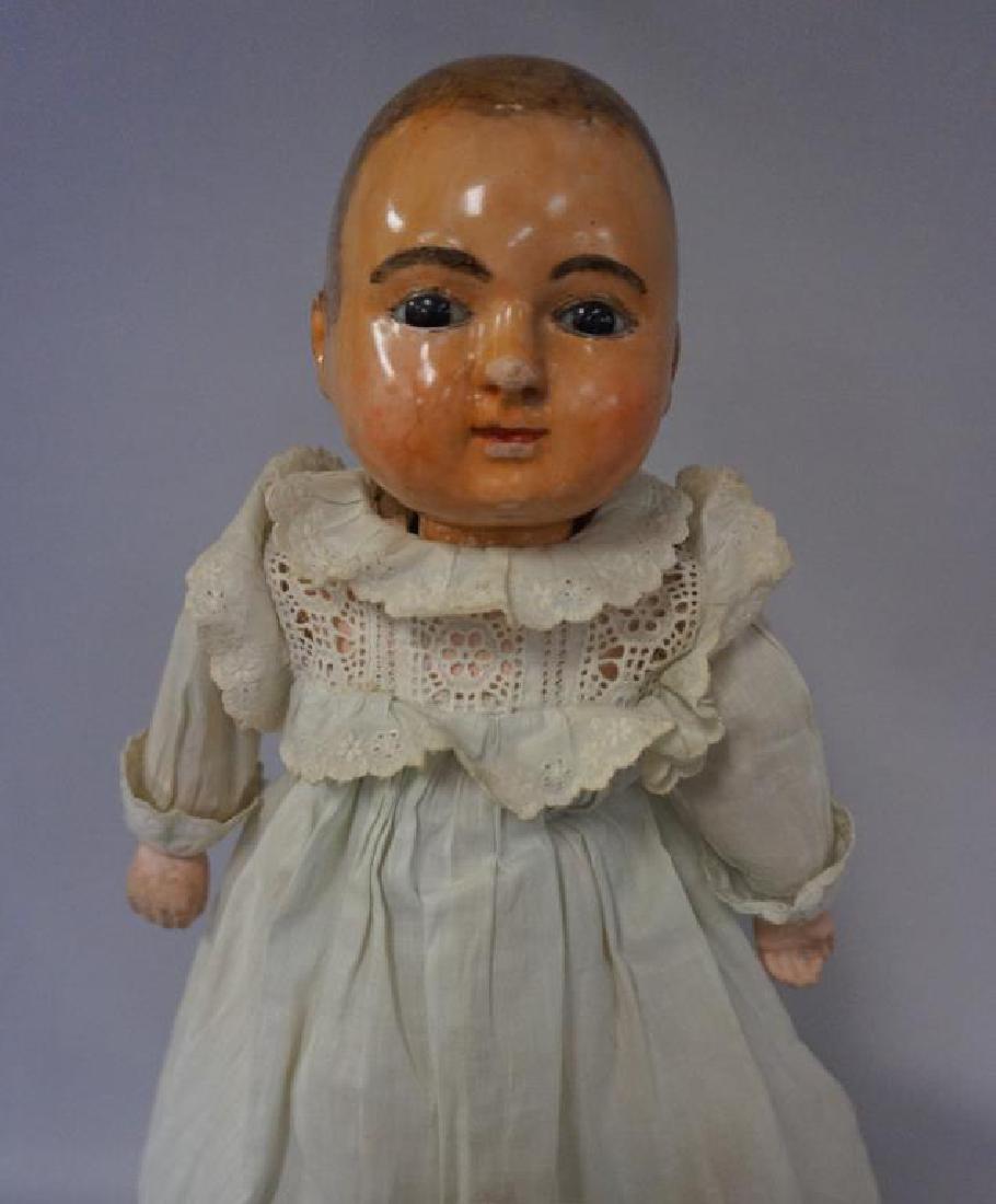 GERMAN 16 INCH SONNENBERG TAUFLING MOTSCHMANN DOLL,: GERMAN 16 INCH SONNENBERG TAUFLING MOTSCHMANN DOLL, PAPIER MACHE HEAD WITH PUPILESS BLACK EYES THAT WERE VARNISHED OVER, BUMP ON NOSE & CHIN, MACHE LIMBS, JOINT ON LEFT HAND & JOINT ON RIGHT FOOT ARE 