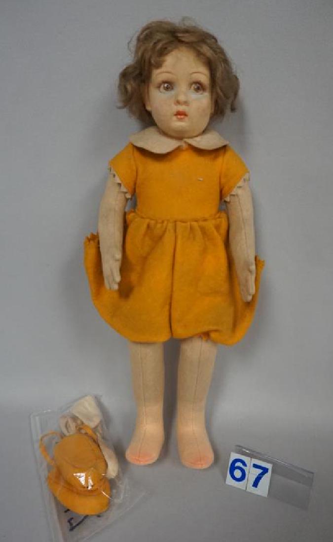 14 INCH LENCI (UNMARKED) ORIGINAL MOHAIR WIG & OUTFIT,: 14 INCH LENCI (UNMARKED) ORIGINAL MOHAIR WIG & OUTFIT, DOUBLE-LAYERED EARS, STITCHED TOGETHER, DOLL & OUTFIT, ETC. IS SOILED - FAIR