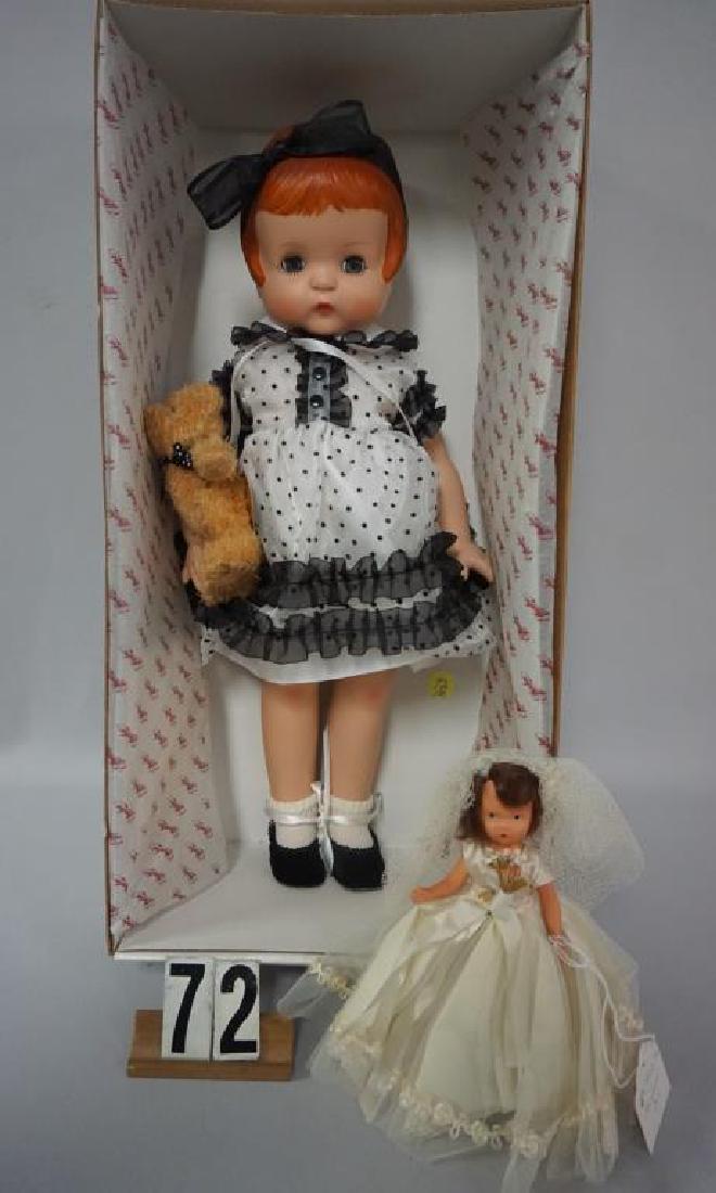 (2 PIECES) EFFANBEE (REPRO) VINYL 'PATSY & POLKA DOLL: (2 PIECES) EFFANBEE (REPRO) VINYL 'PATSY & POLKA DOLL PARTY DOLL" HOLDING A 5 IN. TEDDY BEAR WITH ORIGINAL BOX - EX / N.MT & NANCY ANN 6 IN. PAINTED BISQUE STORY BOOK DOLL, ALL ORIGINAL IN BRIDAL OUTF