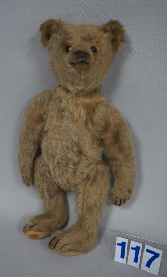 STEIFF 10 INCH ANTIQUE MOHAIR BEAR WITH BUTTON IN EAR: STEIFF 10 INCH ANTIQUE MOHAIR BEAR WITH BUTTON IN EAR (EARLY 1900'S), FROM THE ORIGINAL OWNERS FAMILY, NO TEARS OR REPAIRS, WELL LOVED, DOES HAVE STUFFING LOSS IN TORSO & UPPER ARMS, OVERALL MOHAIR WE
