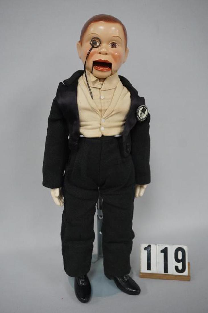 EFFANBEE 16 INCH COMPO HEAD CHARLIE McCARTHY, CLOTH: EFFANBEE 16 INCH COMPO HEAD CHARLIE McCARTHY, CLOTH BODY & UPPER LIMBS, LOWER LIMBS ARE COMPO, HAT IS MISSING OTHERWISE DOLL IS ALL ORIGINAL & IN VERY HIGH GRADE CONDITION, 1 IN. CELLULOID BUTTON ON H