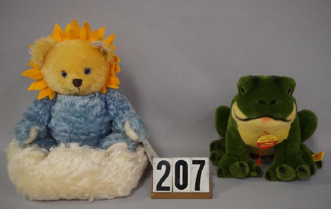 (2 PIECES) STEIFF: 'SUN BEAM' THE FOUR SEASONS 1997 9: (2 PIECES) STEIFF: 'SUN BEAM' THE FOUR SEASONS 1997 9 IN. SUMMER BEAR, YELLOW & BLUE MOHAIR, LIMITED EDITION #972 / 5,000 & 'COSY FROGGY' 6 1/2 IN. GREEN & YELLOW FROG - EACH EX