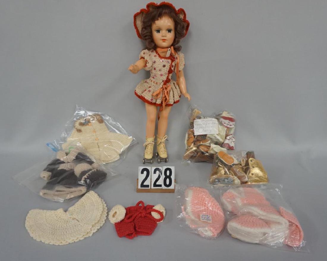 MARY HOYER 14 INCH COMPO GIRL WITH ORIGINAL MOHAIR WIG,: MARY HOYER 14 INCH COMPO GIRL WITH ORIGINAL MOHAIR WIG, KNITTED OUTFIT WITH MATCHING HAT, ROLLER SKATES, SMALL SPLIT BELOW LEFT EYE & TWO COMPO SPLITS ON RIGHT LEG, ALONG WITH ITEMS PURCHASED AT THE M