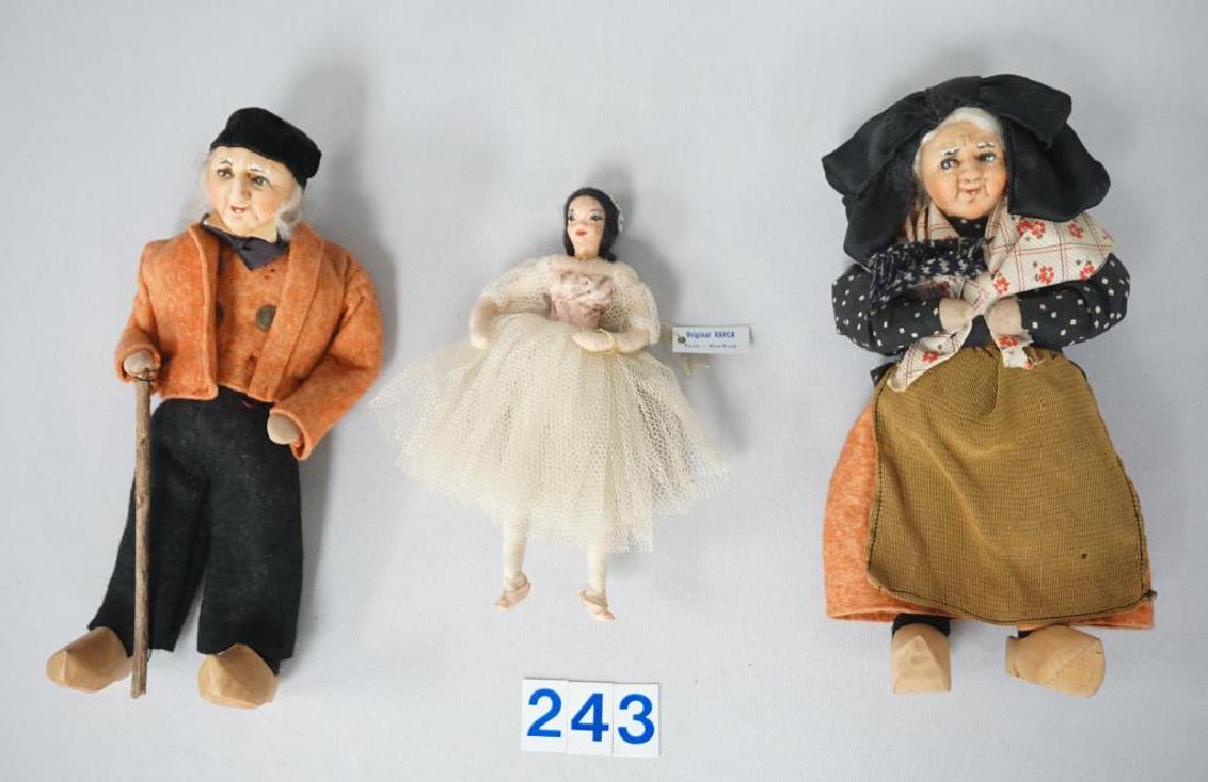(3 PIECES) RAVCA: 9 1/2 IN. ELDERLY MAN & WOMAN WITH: (3 PIECES) RAVCA: 9 1/2 IN. ELDERLY MAN & WOMAN WITH SCULPTED & PAINTED STOCKINETTE FACES, EACH WITH ORIGINAL RAVCA CARDBOARD TAG & FABRIC 'MADE IN FRANCE' LABEL - EX & 7 IN. ORIGINAL RAVCA 'GISELLE' 