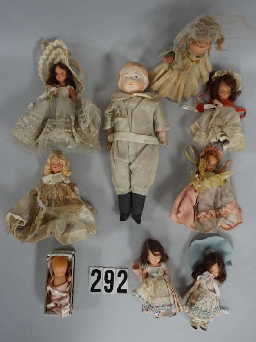 LOT: 13 1/2 IN. PAPIER MACHE HEAD BOY, WITH PAINTED: LOT: 13 1/2 IN. PAPIER MACHE HEAD BOY, WITH PAINTED EYES, MARKED MADE IN BAVARIA - GOOD & (8) DIFF. NANCY ANN STORYBOOK DOLLS (3 3/4 IN. TO 7 IN. H) - GOOD