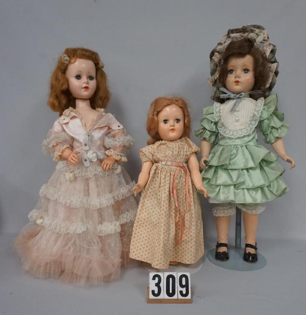 (3 PCS) 20 IN. UNMARKED 'SEEWT SUE' WALKER, H. PLASTIC: (3 PCS) 20 IN. UNMARKED 'SEEWT SUE' WALKER, H. PLASTIC HEAD, TORSO & LEGS, ARMS ARE VINYL, - GOOD TO VERY GOOD, IDEAL P - 91 TONI, DRESS IS TAGGED, MADEME ALAXENDER - FAIR & R & B 21 IN. H. PLASTOC IN