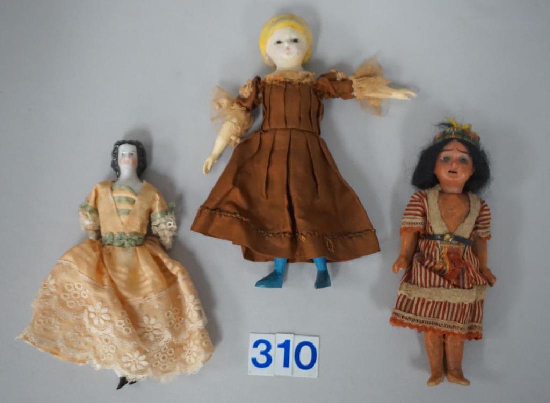 ANTIQUE 7 3/ 4 INCH EARLY WAX HEAD DOLL, GLASS EYES,: ANTIQUE 7 3/ 4 INCH EARLY WAX HEAD DOLL, GLASS EYES, CARVED WOODEN HANDS & FEET - GOOD,VINTAGE OUTFIT MAY BE ORIGINAL TO DOLL - GOOD, EARLY 7 IN. CHINA HEAD DOLL, BISQUE LIMBS - GOOD, & 7" BROWN/RED B