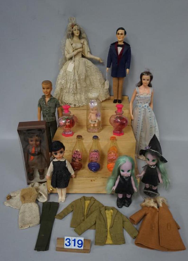 GRAB BOX OF COLLECTIBLE DOLLS, ETC., = 11 IN. STEPHEN: GRAB BOX OF COLLECTIBLE DOLLS, ETC., = 11 IN. STEPHEN FOSTER, VINTAGE 12 IN. VINTAGE COMPO SHOULDERHEAD BRIDE, CLOTH BODY, COMPO LIMBS, EFFANBEE (1965) BROWNIE - N MT., MATTEL KIDDLES, BOTTLES WITH DO