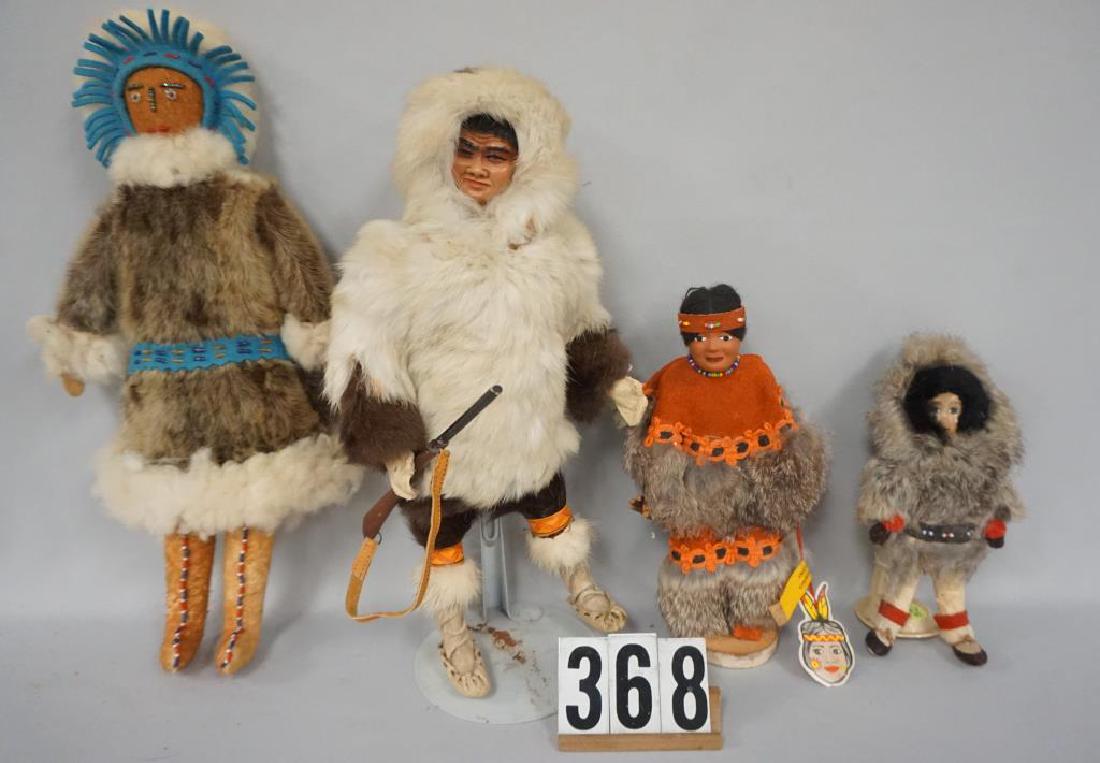 (4) HANDCRAFTED ESKIMO DOLLS: 13 IN., 15 IN. 8 1/2 IN.: (4) HANDCRAFTED ESKIMO DOLLS: 13 IN., 15 IN. 8 1/2 IN. & 7 1/2 IN., FUR & LEATHER CONSTRUCTION, ETC., MADE IN CANADA - GOOD TO VG