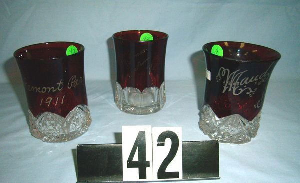 (3) RUBY SOUVENIR TUMBLERS - MAUDE, A.E. JONES &: (3) RUBY SOUVENIR TUMBLERS - MAUDE, A.E. JONES & LAKEMONT, PA