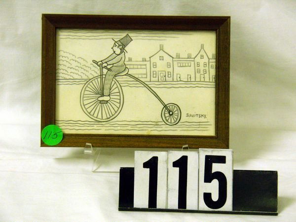 JACK SAVITSKY PENCIL & BLACK MARKER DRAWING - BOY: JACK SAVITSKY PENCIL & BLACK MARKER DRAWING - BOY ON EARLY BICYCLE The dimensions are: 4" high x 6" length. It is a pencil and black marker drawing.