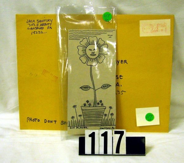JACK SAVITSKY PENCIL & BLACK MARKER DRAWING: JACK SAVITSKY PENCIL & BLACK MARKER DRAWING - SUNFLOWER, 3/24/88 LETTER TO HONEY BAYER AND NEWSPAPER CLIPPING
