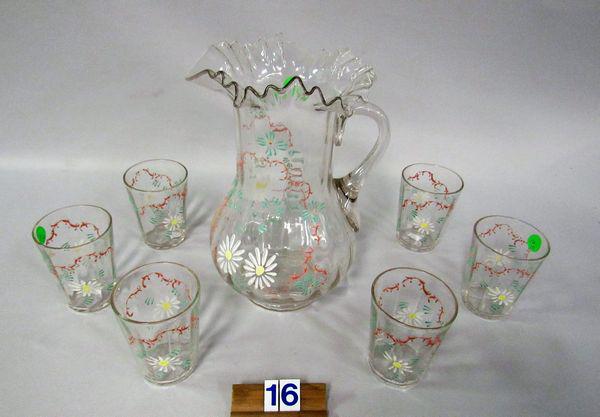 (7 PIECE) FENTON GLASS ENAMELED WATER SET:: LOT INCLUDES 11 IN. PITCHER PLUS (6) 4 IN. TUMBLERS, ALL CLEAR GLASS WITH PINK, GREEN, WHITE & YELLOW ENAMELING, DAISY FLORAL PATTERN - VG
