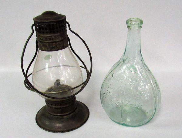 ANTIQUE LANTERN & ANTIQUE SHEAF OF WHEAT BOTTLE:: 15 IN. ANTIQUE LANTERN (INCLUDES SWING HANDLE) & 9 IN. SHEAF OF WHEAT HANDBLOWN GLASS FLASK. - G/VG