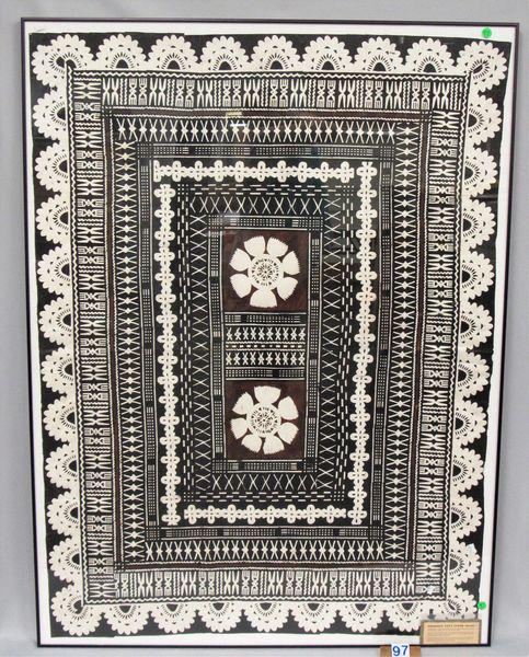 ORIGINAL TAPA CLOTH (MASI):: TAPA CLOTH IS MADE FROM MULBERRY BARK. TAPA CLOTHS ARE IMPORTANT IN RELIGIOUS RITES AND CEREMONIAL GIFT GIVING IN THE PACIFIC ISLANDS. 38 IN. X 51 IN. - VG